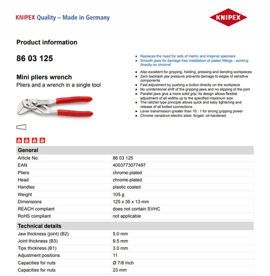 Knipex Pinza Idraulica Regolabile Cromata Multifunzione Isolata Per Lavori Tecnici