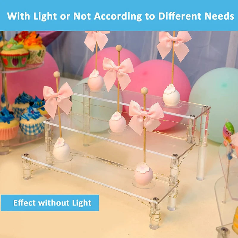 Supporto Torta Acrilico Trasparente Quadrato A Tre Livelli Con Luci a Led Per Feste e Matrimoni