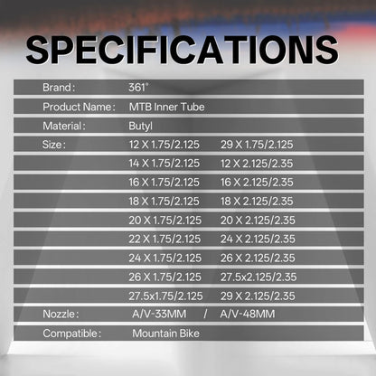 Camera D'Aria 361 Degrees Con Valvola Schrader Pneumatici MTB e Bici Da Ciclismo Misure Da 12 A 29 Pollici