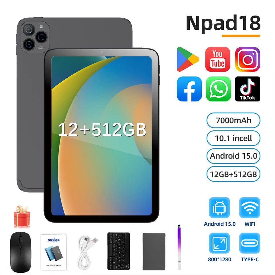 Tablet 10,1 Pollici 4G Con Chiamate RAM 12GB Memoria Interna 512GB Dual SIM Android 14 Batteria 6000mAh