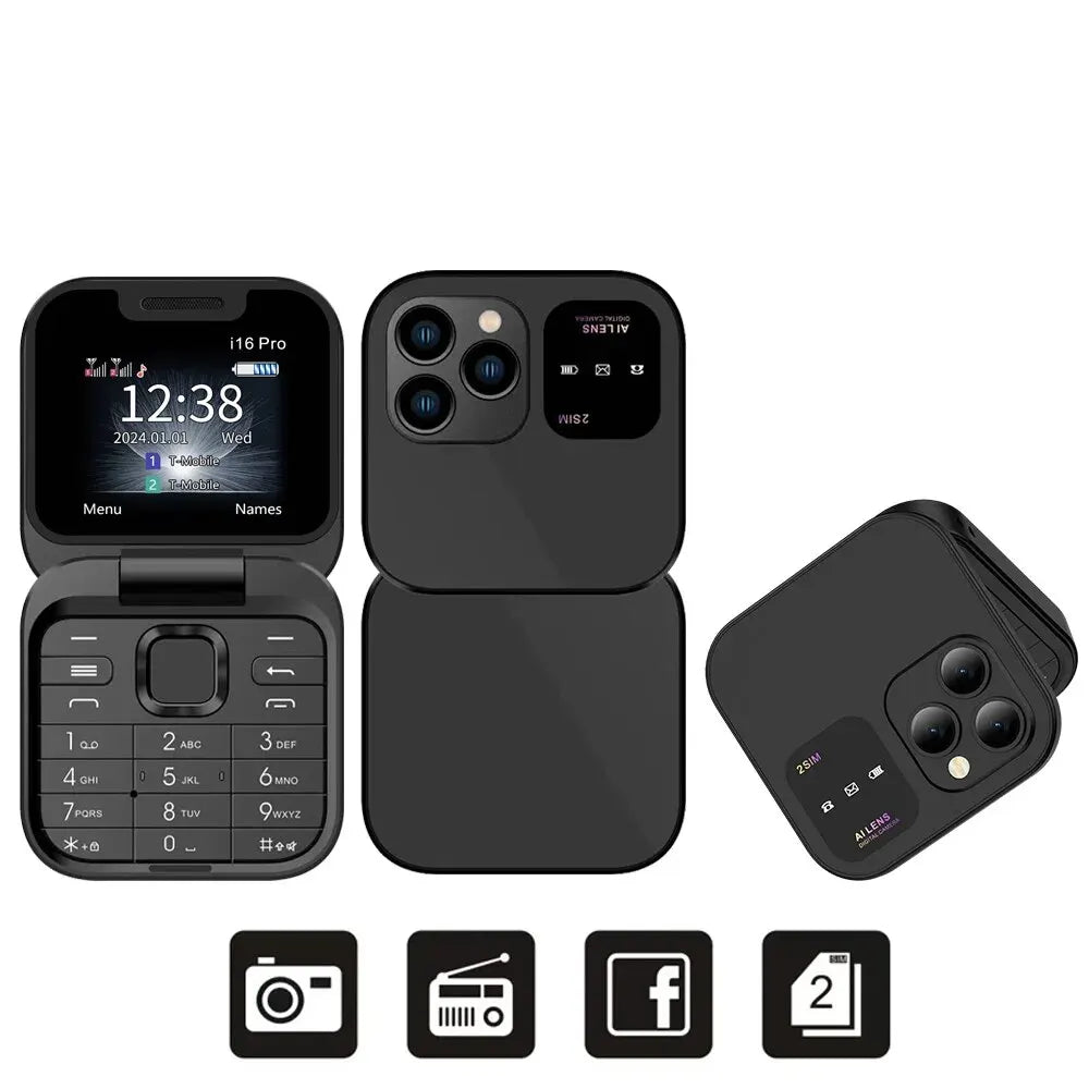 Telefono Cellulare Flip 2G Doppia SIM 1,77 Pollici Batteria 1000 mAh Lettore Video FM Jack Da 3,5 Mm