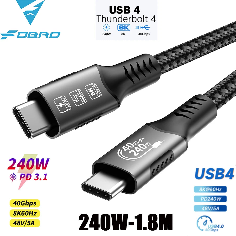 Cavo USB4 Thunderbolt 4 da USB-C a USB-C 40Gbps 240W Ricarica Rapida e Trasferimento Dati per Laptop