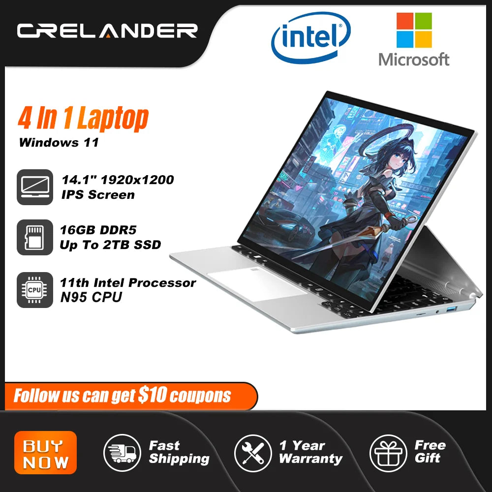 Laptop 14 Pollici Touch Screen 4 In 1 Con Windows 11 Celeron N95 16GB RAM Notebook Per Studenti