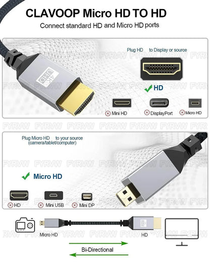 Cavo 4K Micro HDMI compatibile con HDMI per GoPro Hero Raspberry Pi 4 Sony A6000 Nikon Yoga 3 Fotocamera Micro HD a HDTV