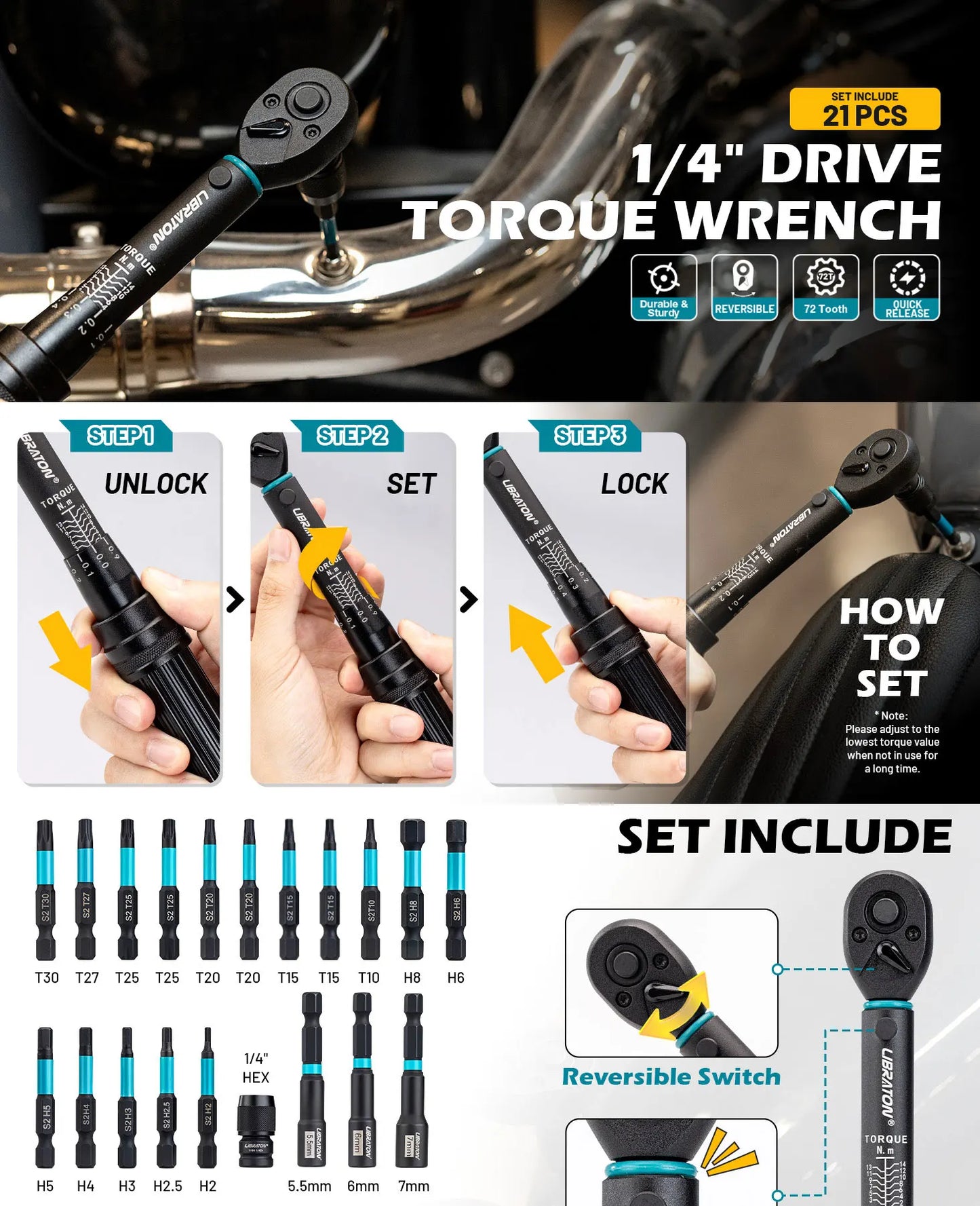 Set Di Chiavi Dinamometriche 0,25 Pollici Da 2 A 14 Nm Per Bici E Moto, 21 Pezzi, Kit Riparazione