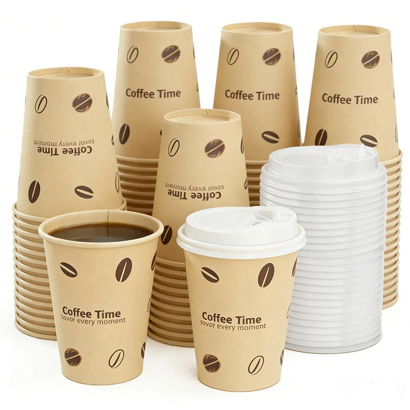 Bicchieri di Carta Usa e Getta con Coperchio 12 oz in Polpa di Bamboo per Bevande Calde o Freddo Ufficio e Casa