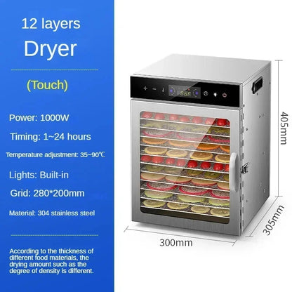 Essiccatore Alimentare a Strati con Pannello Touch Controllo Temperatura e 6/8/12/18 Ripiani in Acciaio Inossidabile