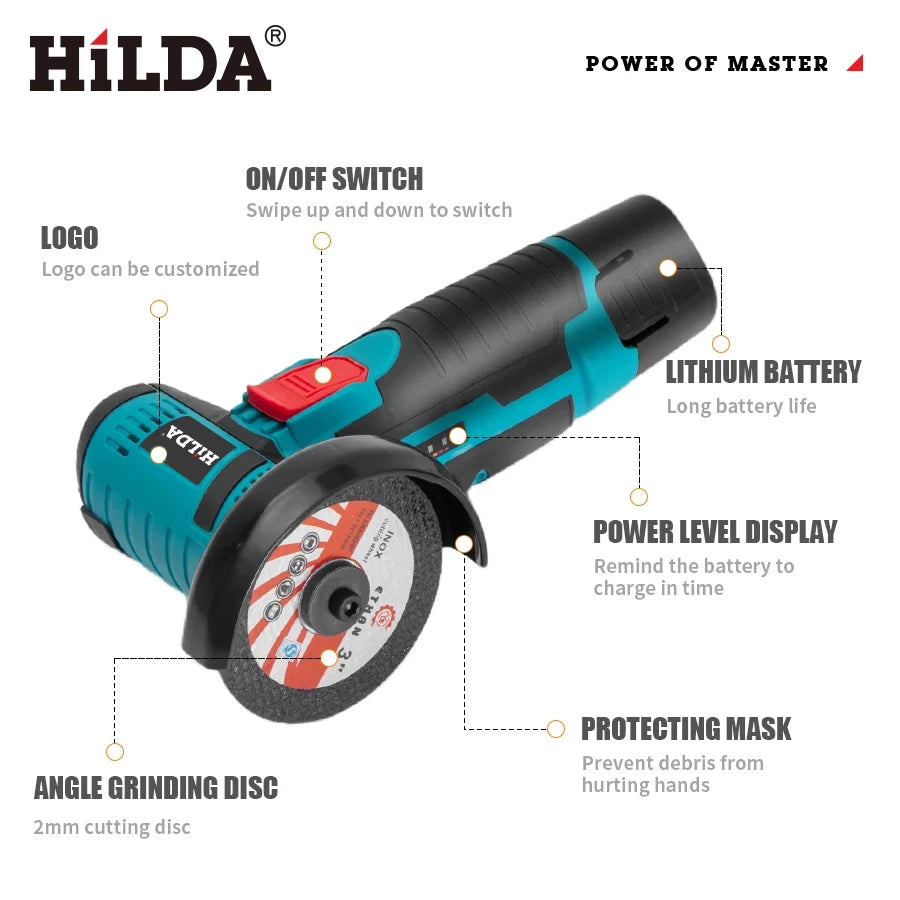 HILDA 12V Smerigliatrice angolare elettrica al litio da 3 pollici Strumento portatile compatto per riparazioni fai-da-te e domestiche Leggero con forte potenza