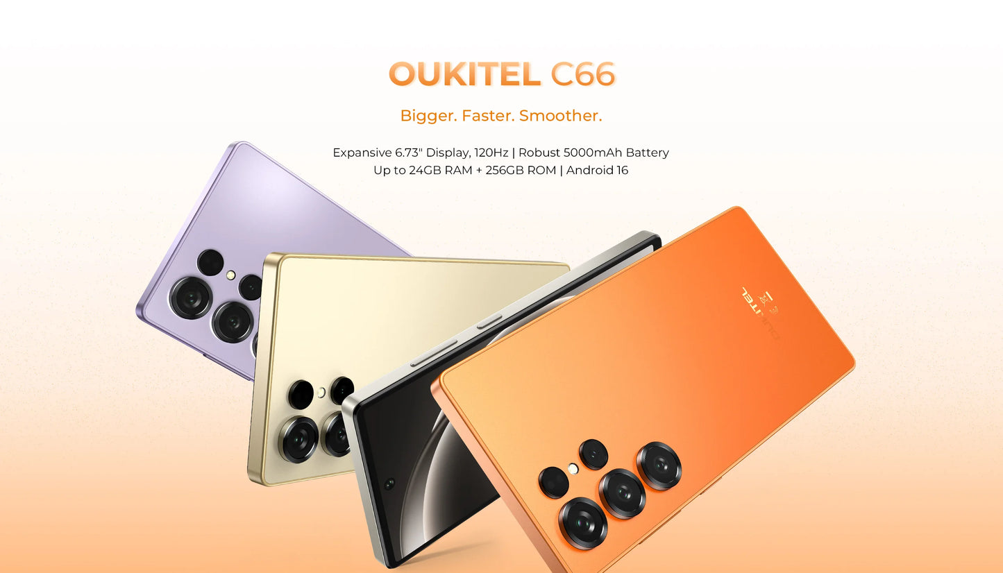 Smartphone OUKITEL C66 Android 16, Telefono 6.73” HD+ 24GB(8+16)+256GB, 5150mAh Dual 4G NFC, 120Hz, Fotocamera Principale 64MP