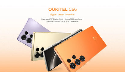 Smartphone OUKITEL C66 Android 16, Telefono 6.73” HD+ 24GB(8+16)+256GB, 5150mAh Dual 4G NFC, 120Hz, Fotocamera Principale 64MP