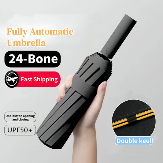 Ombrello pieghevole a 24 ossa Ombrello completamente automatico a doppio osso SPF 50 Protezione UV Resistenza alla pioggia Ombrello con resistenza al vento NUOVO