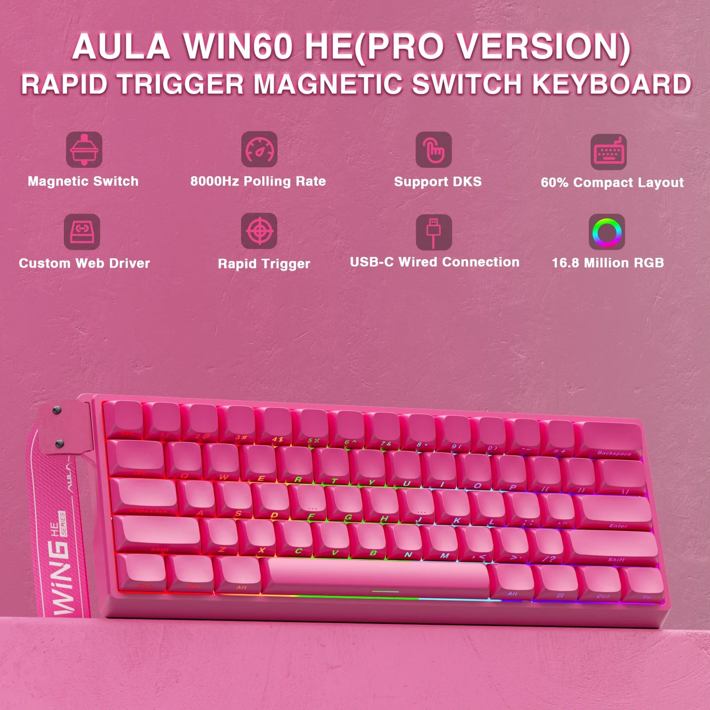 Tastiera Meccanica Gaming AULA WIN60 HE Pro MAX Cablata con Switch Magnetici a Effetto Hall, RT Regolabile, Hot-Swap, 8000Hz per Esport