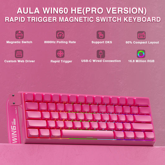 Tastiera Meccanica Gaming AULA WIN60 HE Pro MAX Cablata con Switch Magnetici a Effetto Hall, RT Regolabile, Hot-Swap, 8000Hz per Esport