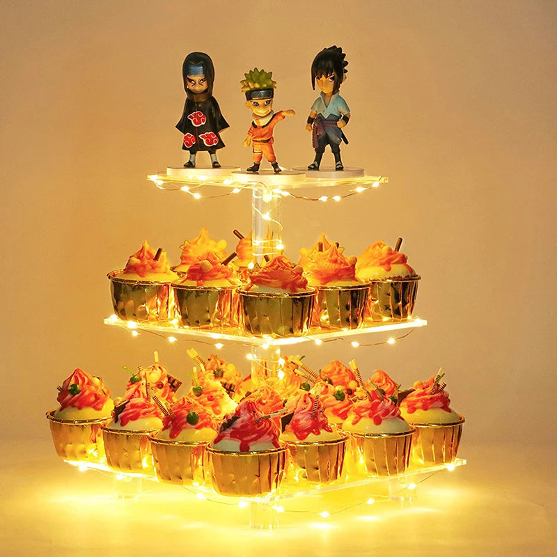 Supporto Torta Acrilico Trasparente Quadrato A Tre Livelli Con Luci a Led Per Feste e Matrimoni