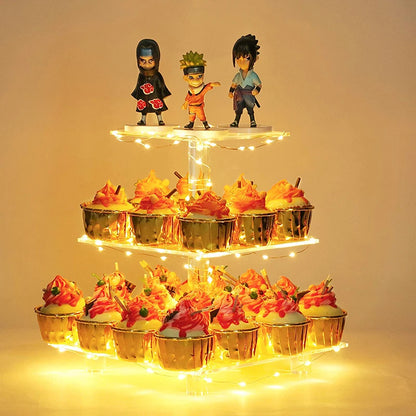 Supporto Torta Acrilico Trasparente Quadrato A Tre Livelli Con Luci a Led Per Feste e Matrimoni