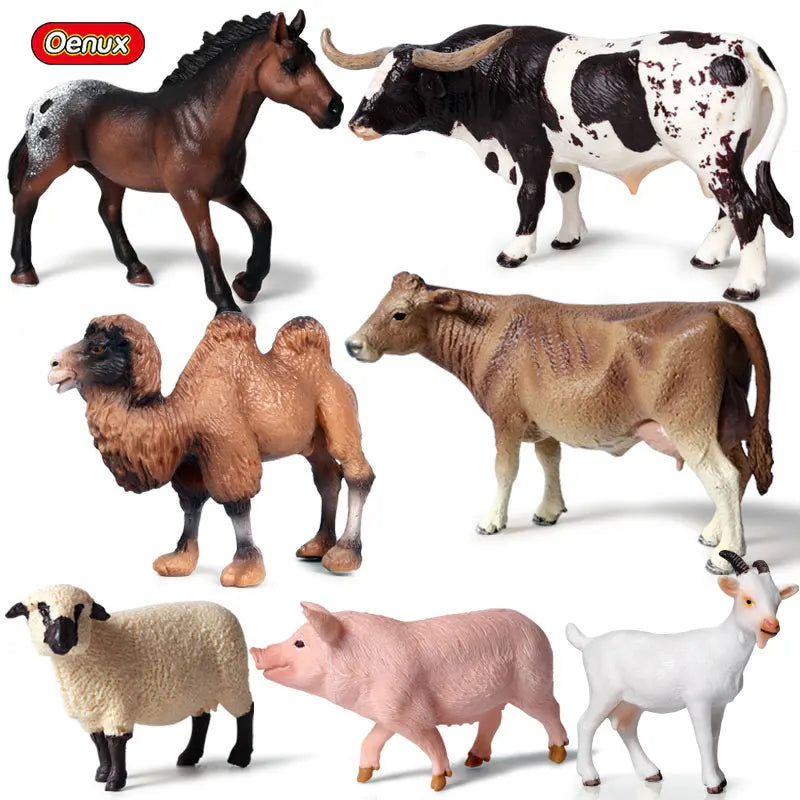 Oenux Farm House Modello Action Figures Agricoltore Moto Mucca Gallina Maiale Animali Set Figurine in miniatura PVC Simpatico giocattolo educativo per bambini