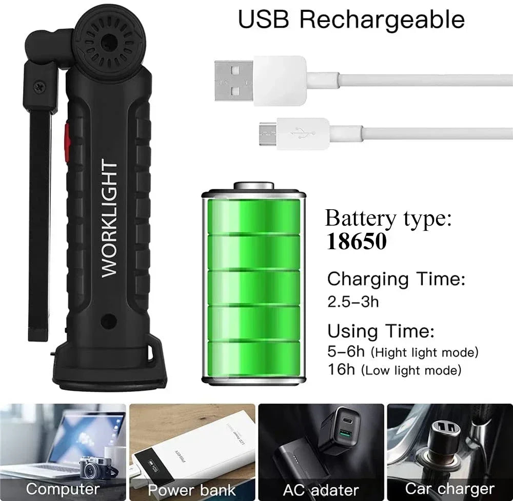 Lampada Da Lavoro Portatile Led Cob Ricaricabile Usb Con Gancio Magnetico E Power Bank