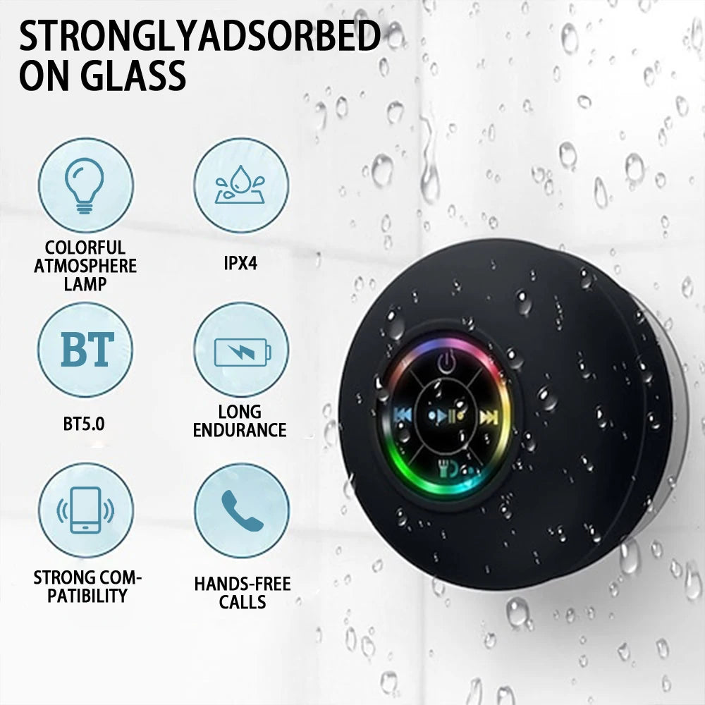 Altoparlante Bluetooth portatile wireless mini con LED, microfono e ventosa, impermeabile IPX4, ideale per viaggi, attività all'aperto e bagno