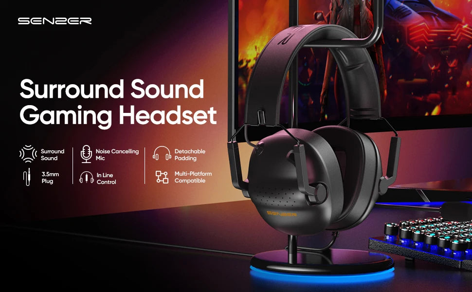 SENZER SG500 Surround Sound Pro Cuffie da gioco con microfono con cancellazione del rumore - Cuffie pieghevoli portatili per PC, PS4, PS5, Xbox