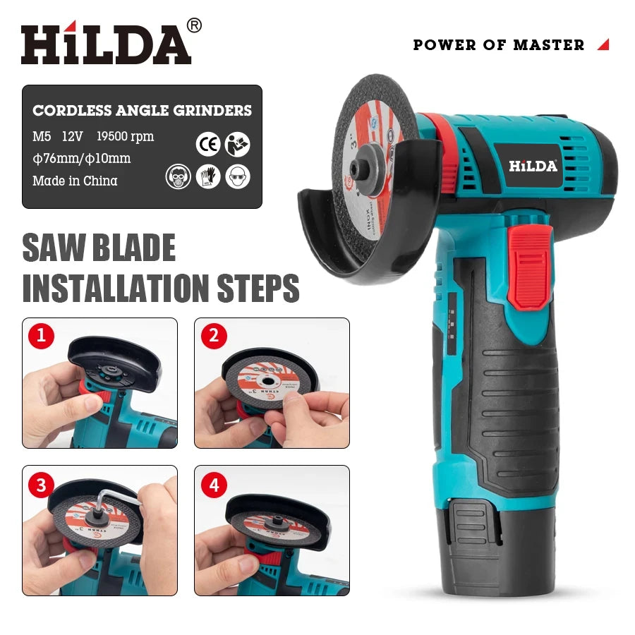 HILDA 12V Smerigliatrice angolare elettrica al litio da 3 pollici Strumento portatile compatto per riparazioni fai-da-te e domestiche Leggero con forte potenza