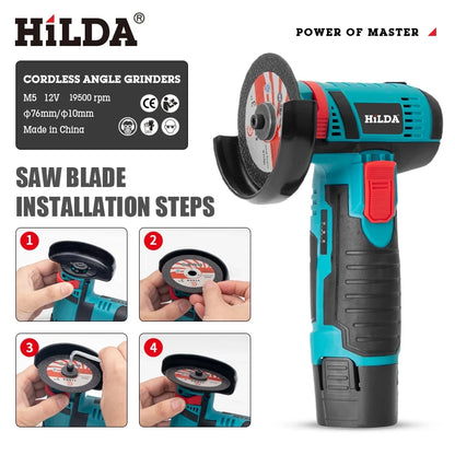 HILDA 12V Smerigliatrice angolare elettrica al litio da 3 pollici Strumento portatile compatto per riparazioni fai-da-te e domestiche Leggero con forte potenza
