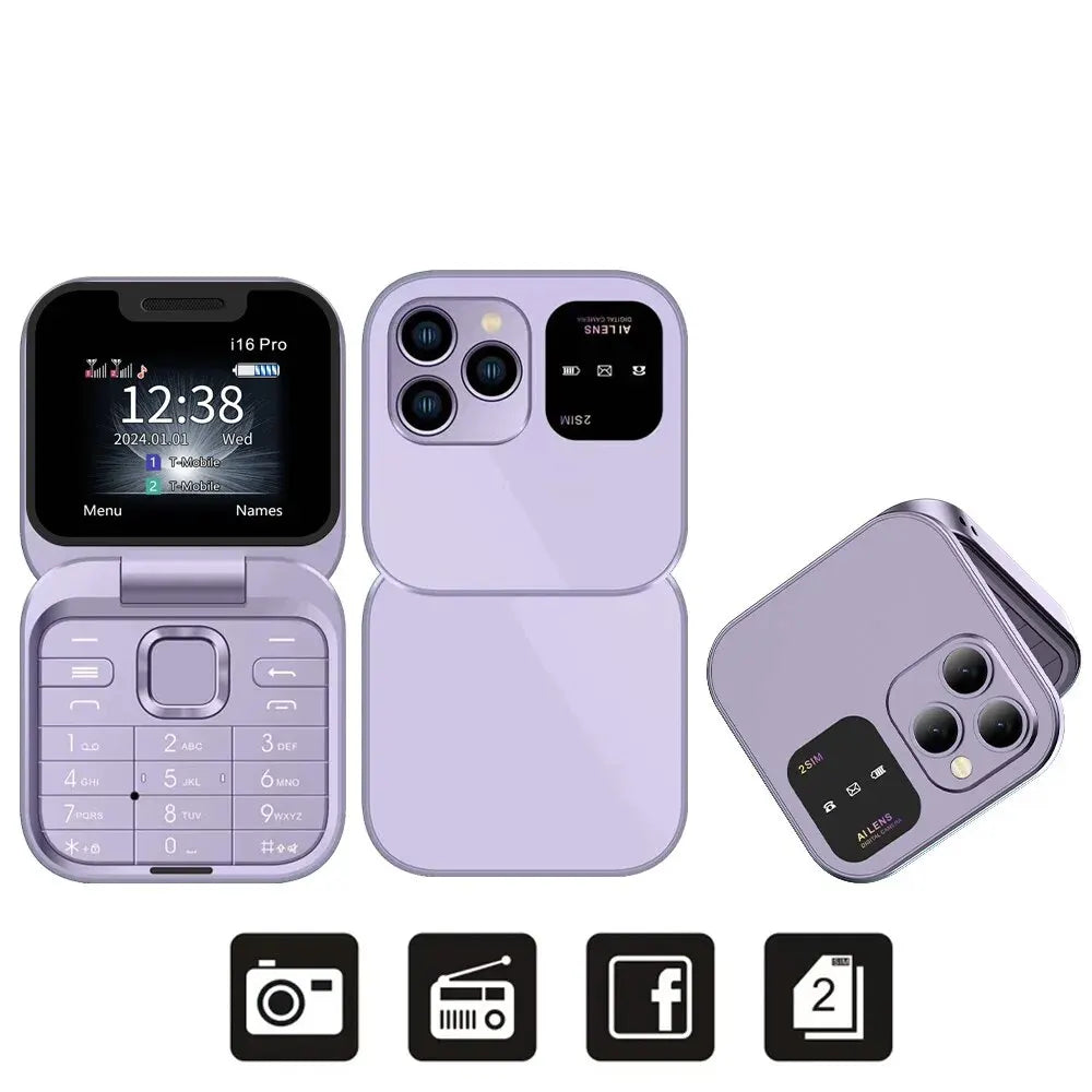 Telefono Cellulare Flip 2G Doppia SIM 1,77 Pollici Batteria 1000 mAh Lettore Video FM Jack Da 3,5 Mm