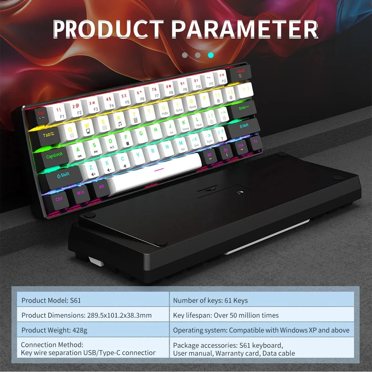 Tastiera meccanica da gioco cablata al 60% Mini layout ultra compatto retroilluminato RGB per giocatori PC/Mac e tipisti Design facile da viaggio