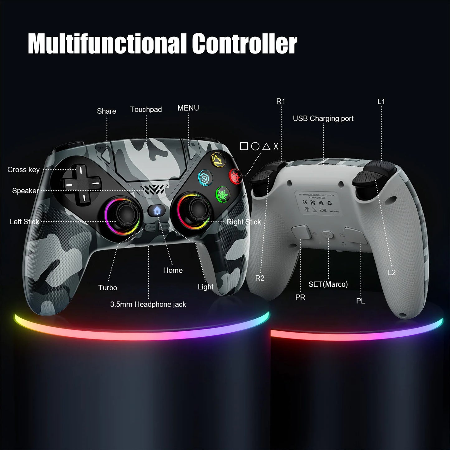 Controller per PS5 Pro/Slim/PC con RGB, Joystick Wireless per Giochi con Funzioni Marco/Turbo, Senza Drift, Effetto Hall, Tasti Posteriori Programmabili