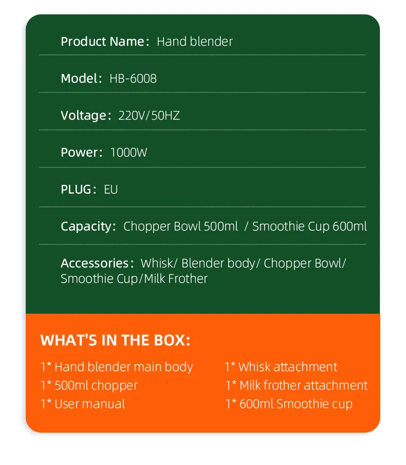 Frullatore Ad Immersione Potente 1000W 5 In 1 Con Frusta, Tritatutto, Ghiaccio E Tazza Per Smoothie