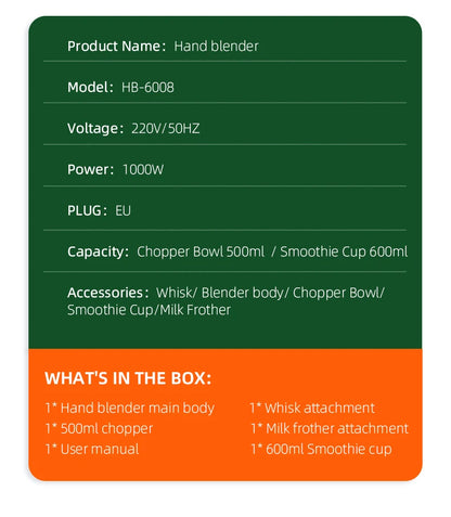 Frullatore Ad Immersione Potente 1000W 5 In 1 Con Frusta, Tritatutto, Ghiaccio E Tazza Per Smoothie