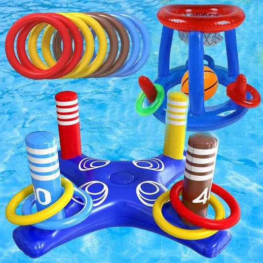 Set Giochi Galleggianti Per Piscina Con Canestro Gonfiabile E Anelli Lancio Per Famiglie E Adulti
