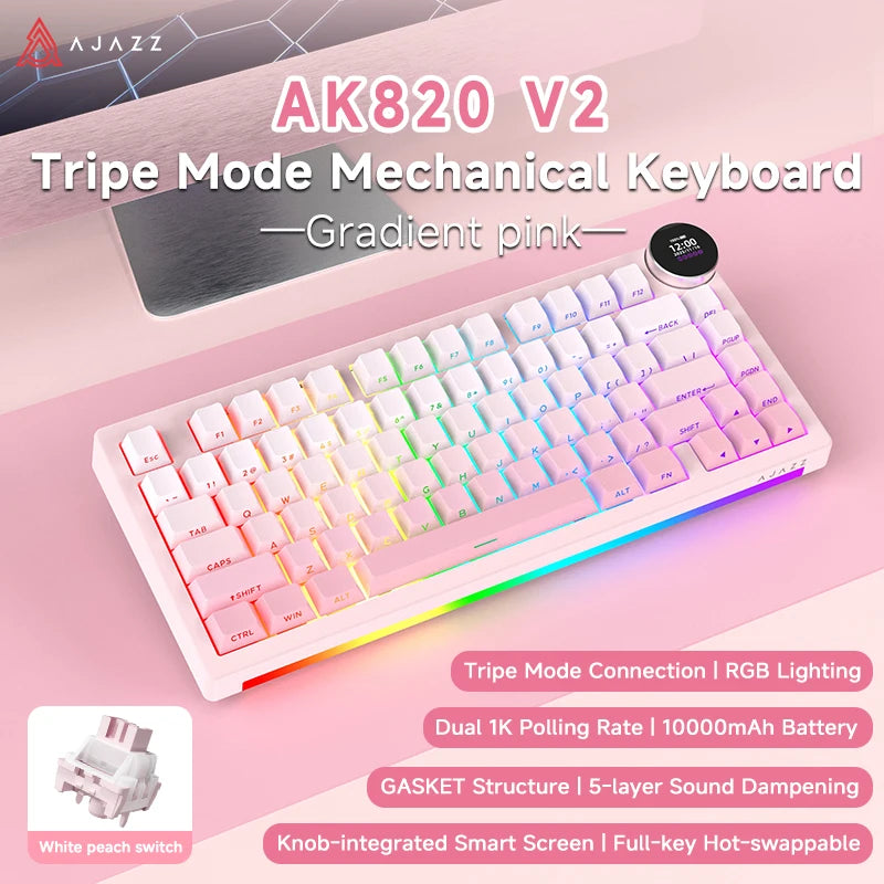 Ajazz AK820V2 Pro Tastiera Da Gaming Wireless Tre Modalità Cablata Bluetooth 2.4G Batteria 10000mAh