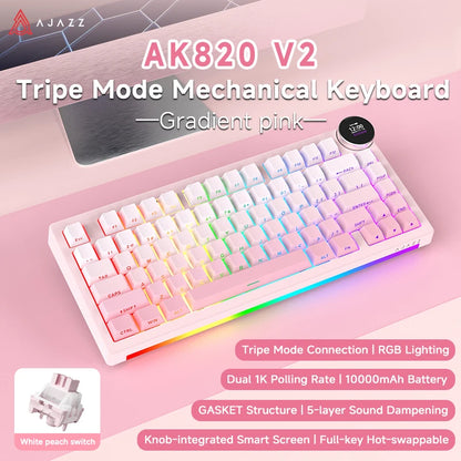 Ajazz AK820V2 Pro Tastiera Da Gaming Wireless Tre Modalità Cablata Bluetooth 2.4G Batteria 10000mAh