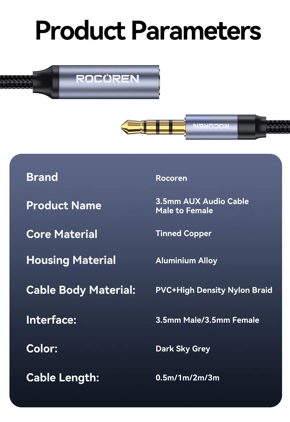 Rocoren Cavo AUX Jack da 3,5 mm Maschio a Femmina Estensione audio Convertitore cavo per altoparlante per cuffie per telefoni Laptop Tablet adattatore