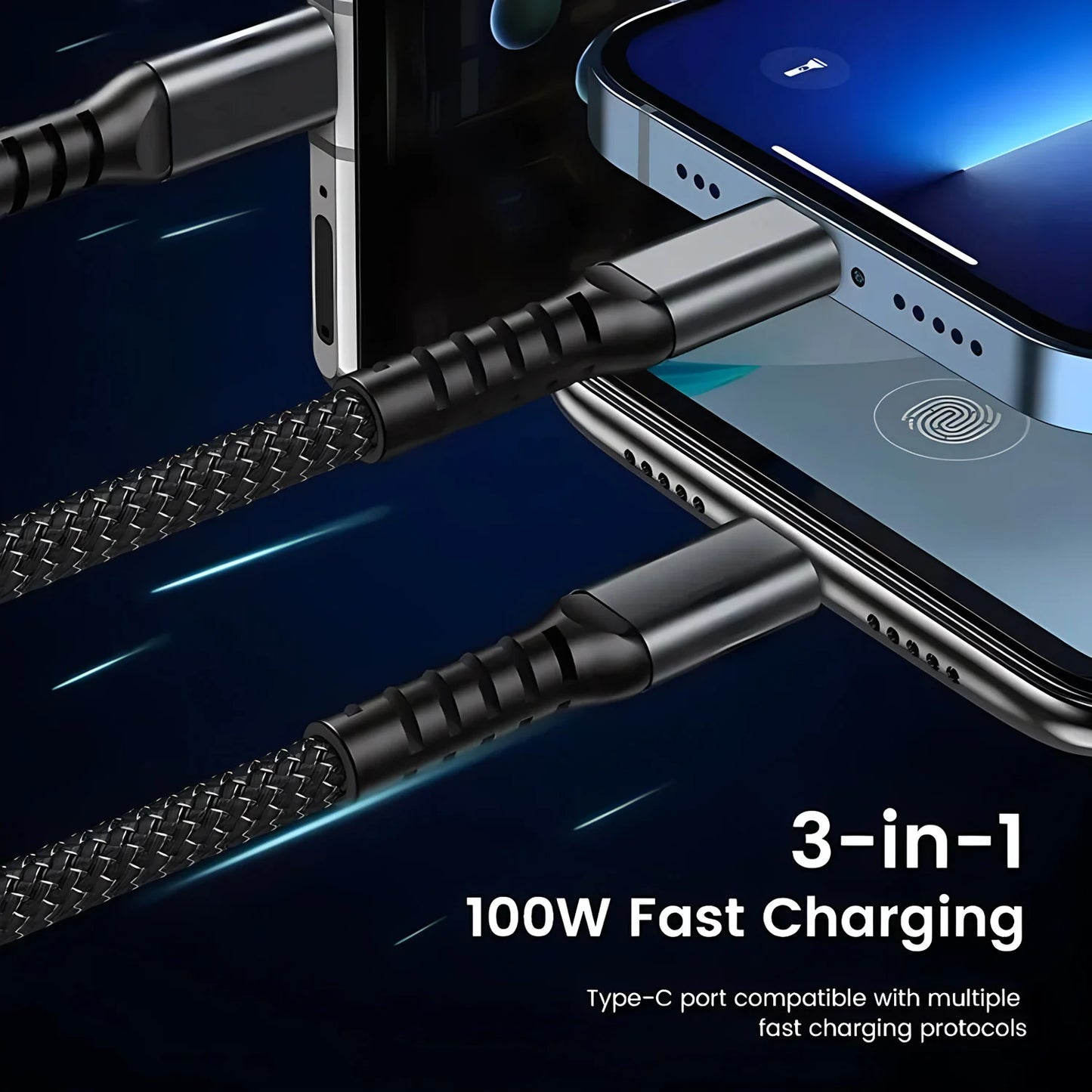 Cavo Di Ricarica 3 In 1 100W Veloce Nylon Treccia Universale USB C Micro Per Smartphone E Tablet