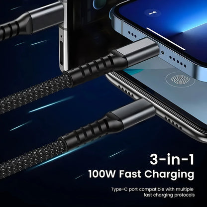 Cavo Di Ricarica 3 In 1 100W Veloce Nylon Treccia Universale USB C Micro Per Smartphone E Tablet