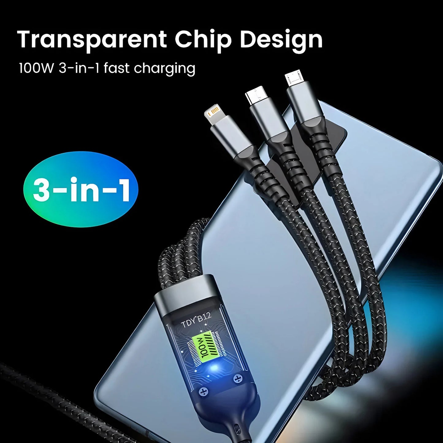 Cavo Di Ricarica 3 In 1 100W Veloce Nylon Treccia Universale USB C Micro Per Smartphone E Tablet