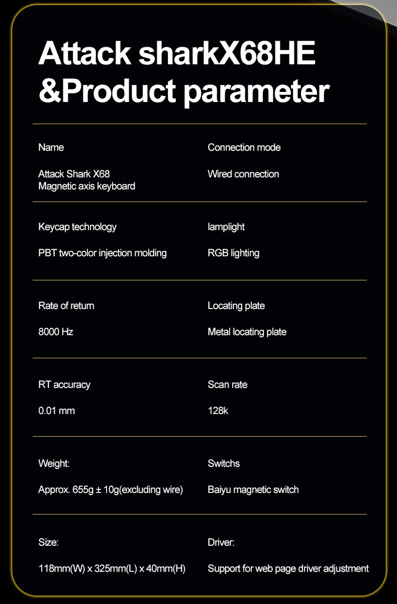 X68HE ATTACK SHARK Tastiera da gioco magnetica meccanica cablata per Pro Gaming Trigg rapido 0,01 mm 8000 Hz SOCD/Rs 0,125 ms 128 K Velocità