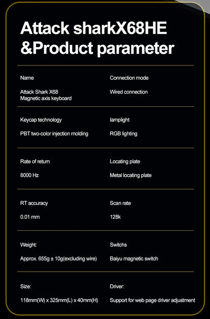 X68HE ATTACK SHARK Tastiera da gioco magnetica meccanica cablata per Pro Gaming Trigg rapido 0,01 mm 8000 Hz SOCD/Rs 0,125 ms 128 K Velocità