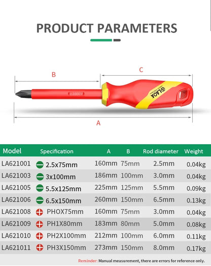 Cacciavite Isolato VDE LaOA Magnetico Impugnatura Ergonomica Testa Piatta e Incrociata 2,5x75-6,5x150