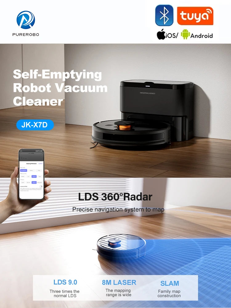 Purerobo LDS Robot Aspirapolvere X7-D Alta Potenza di Aspirazione WiFi 2.4G Svuotamento Automatico Collettore di Polveri Tuya Smart Home App Compatibile