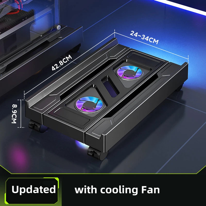 Supporto per torre per PC mobile Supporto per CPU per computer regolabile Supporto da tavolo telescopico Carrello per CPU con ventola di raffreddamento RGB Dissipazione del calore