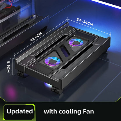 Supporto per torre per PC mobile Supporto per CPU per computer regolabile Supporto da tavolo telescopico Carrello per CPU con ventola di raffreddamento RGB Dissipazione del calore
