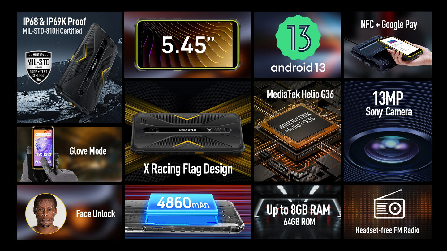 Ulefone Armor X12 Pro,Android 13, fino a 8GB + 64GB ,4860mAh,13MP 5.45 "4G NFC, versione globale, doppio 4G VoLTE,3 Slot per schede