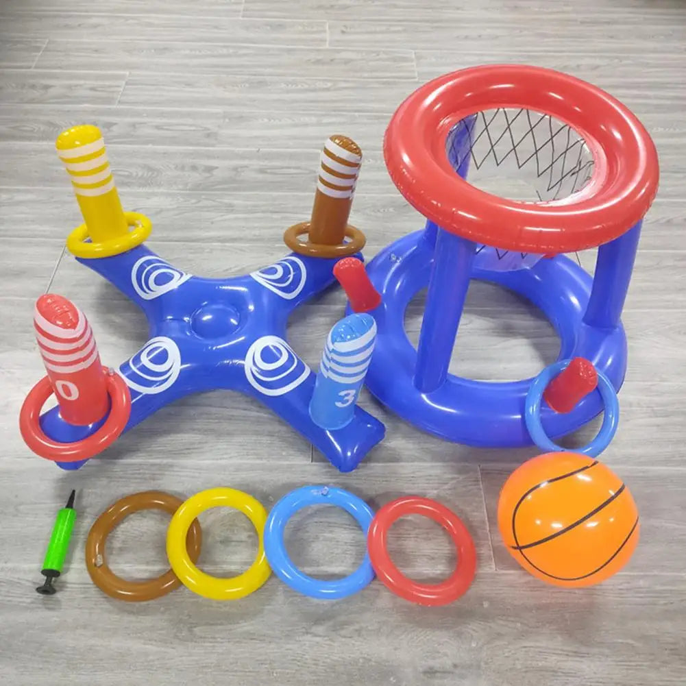 Set Giochi Galleggianti Per Piscina Con Canestro Gonfiabile E Anelli Lancio Per Famiglie E Adulti