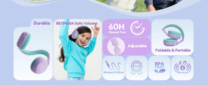 Cuffie Bluetooth 6.0 Per Bambini, Volume Limite 85/94 dB, Leggere, Wireless Over Ear Con Microfono Integrato