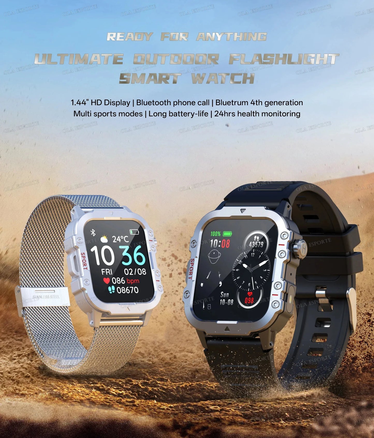2025 Nuova Torcia Elettrica Militare Astuto Della Vigilanza Degli Uomini IP68 5ATM Sport All'aria Aperta Fitness Tracker Monitor di Salute 1.44 Pollici BT Chiamata Smartwatch