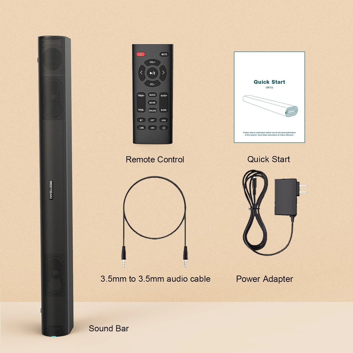 Sistema Soundbar Potente da 60W con Audio Stereo 3D, Modalità di Ingresso BT AUX OPT HDMI USB per TV, PC, Proiettore, Smartphone, Tablet