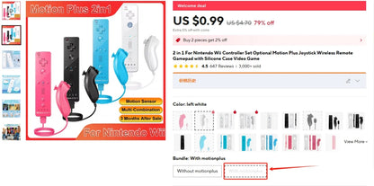 Set controller 2 in 1 per Nintendo Wii Joystick Motion Plus opzionale Gamepad remoto wireless con custodia in silicone Videogioco