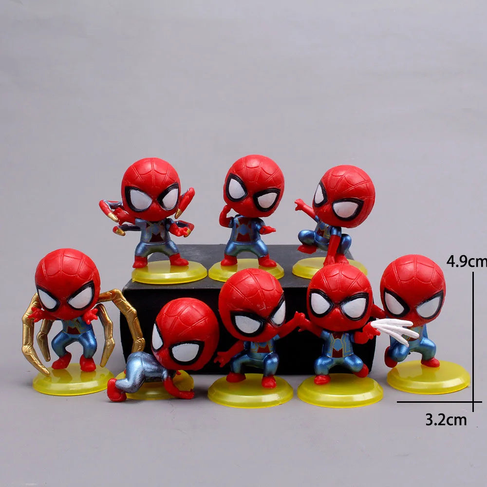 8 pezzi Marvel Cute Spider Man Q Edition PVC Base gialla Modello di cartone animato per bambini Hobby Toy Doll Ornament Decorazione torta di compleanno